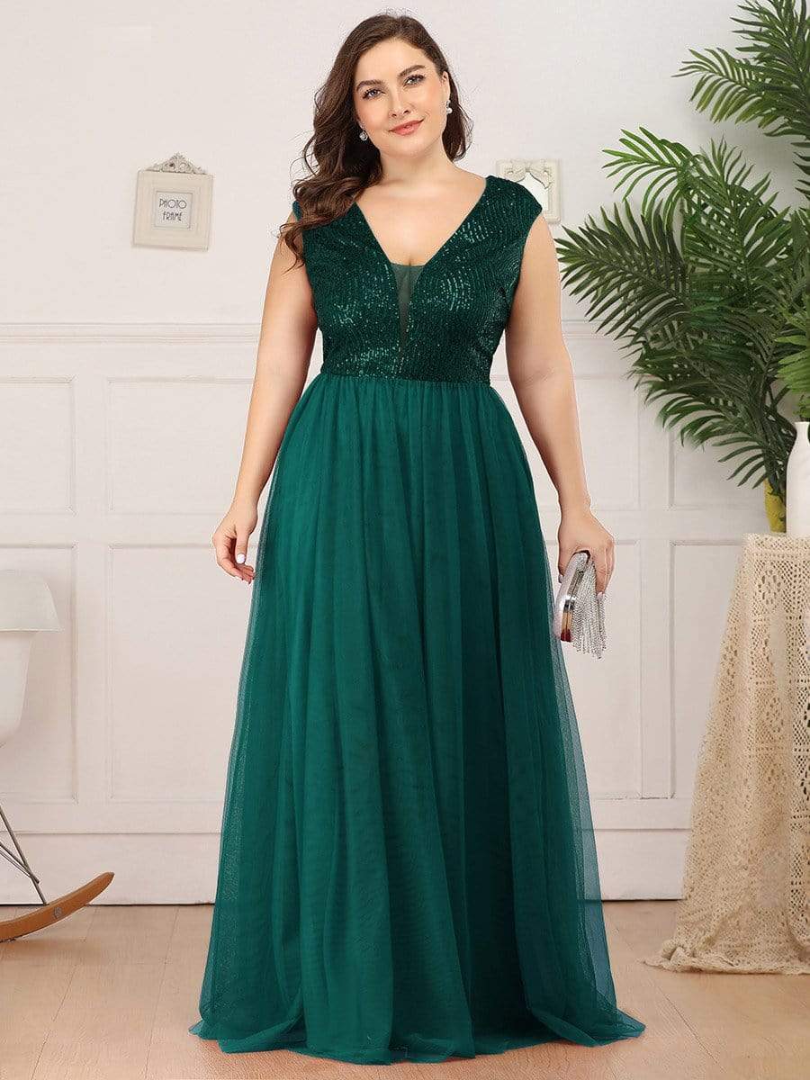Floor Length Deep V Neck Sequin Prom Dresses for Women #color_Dark Green 