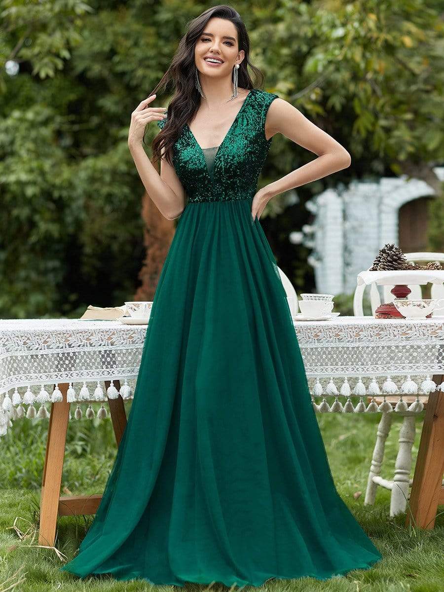 Floor Length Deep V Neck Sequin Prom Dresses for Women #color_Dark Green