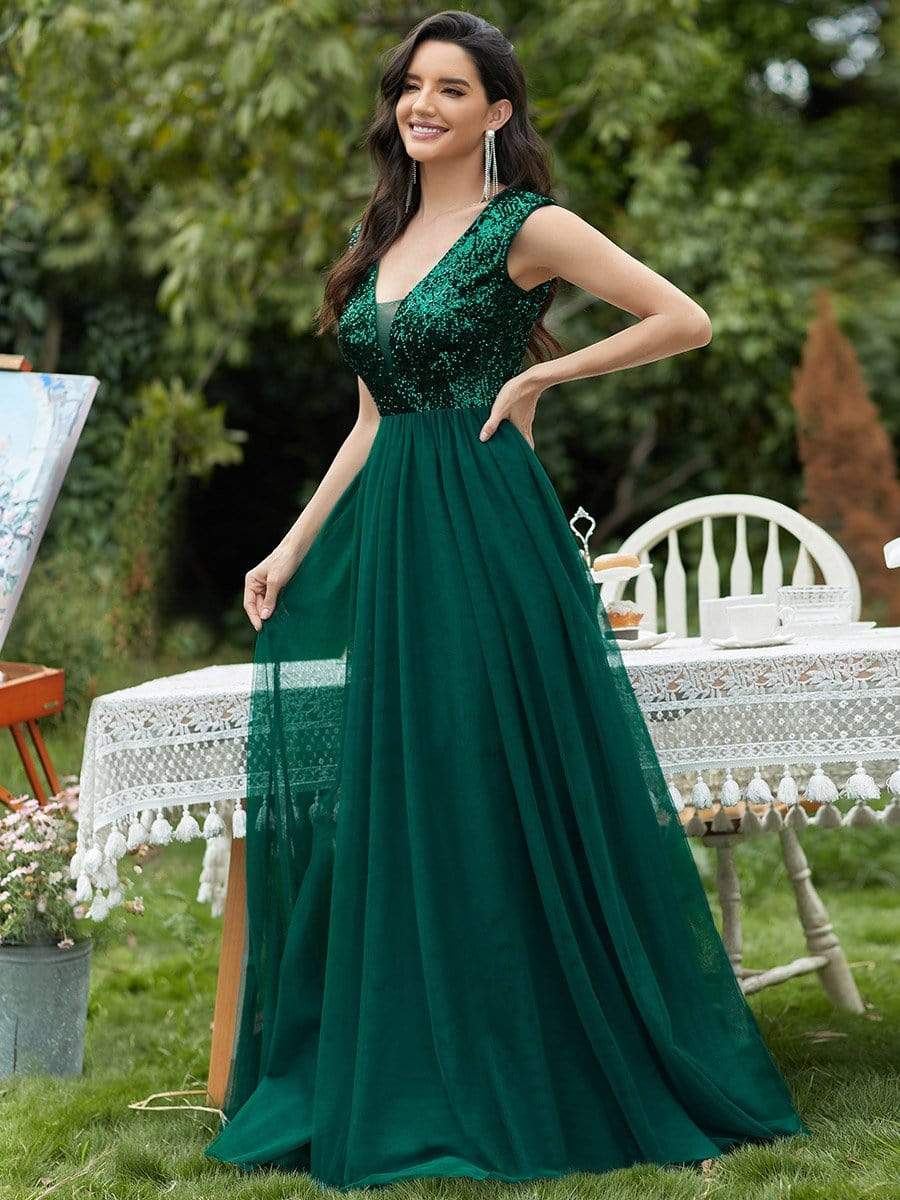 Floor Length Deep V Neck Sequin Prom Dresses for Women #color_Dark Green 