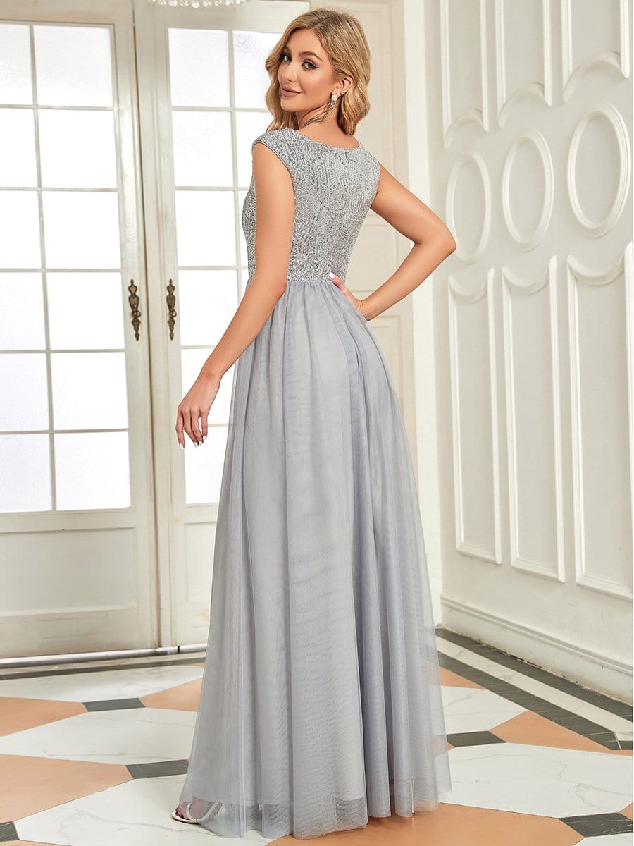 Floor Length Deep V Neck Sequin Prom Dresses for Women #color_Grey 