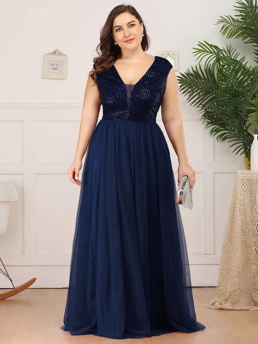 Floor Length Deep V Neck Sequin Prom Dresses for Women #color_Navy Blue 