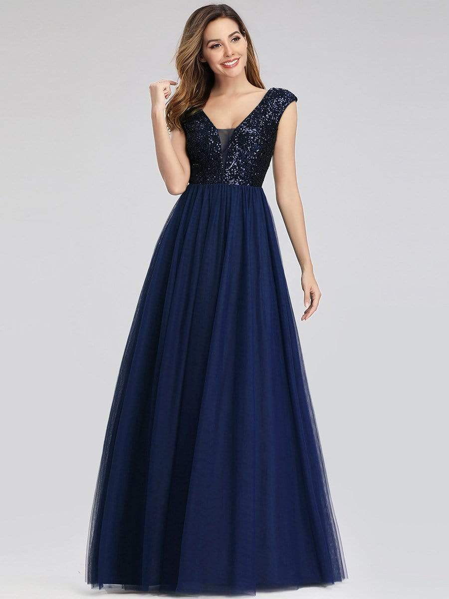 Floor Length Deep V Neck Sequin Prom Dresses for Women #color_Navy Blue 