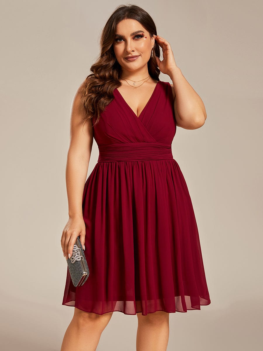 Women Sleeveless V Neck Short Bridesmaid Dress #color_Burgundy 