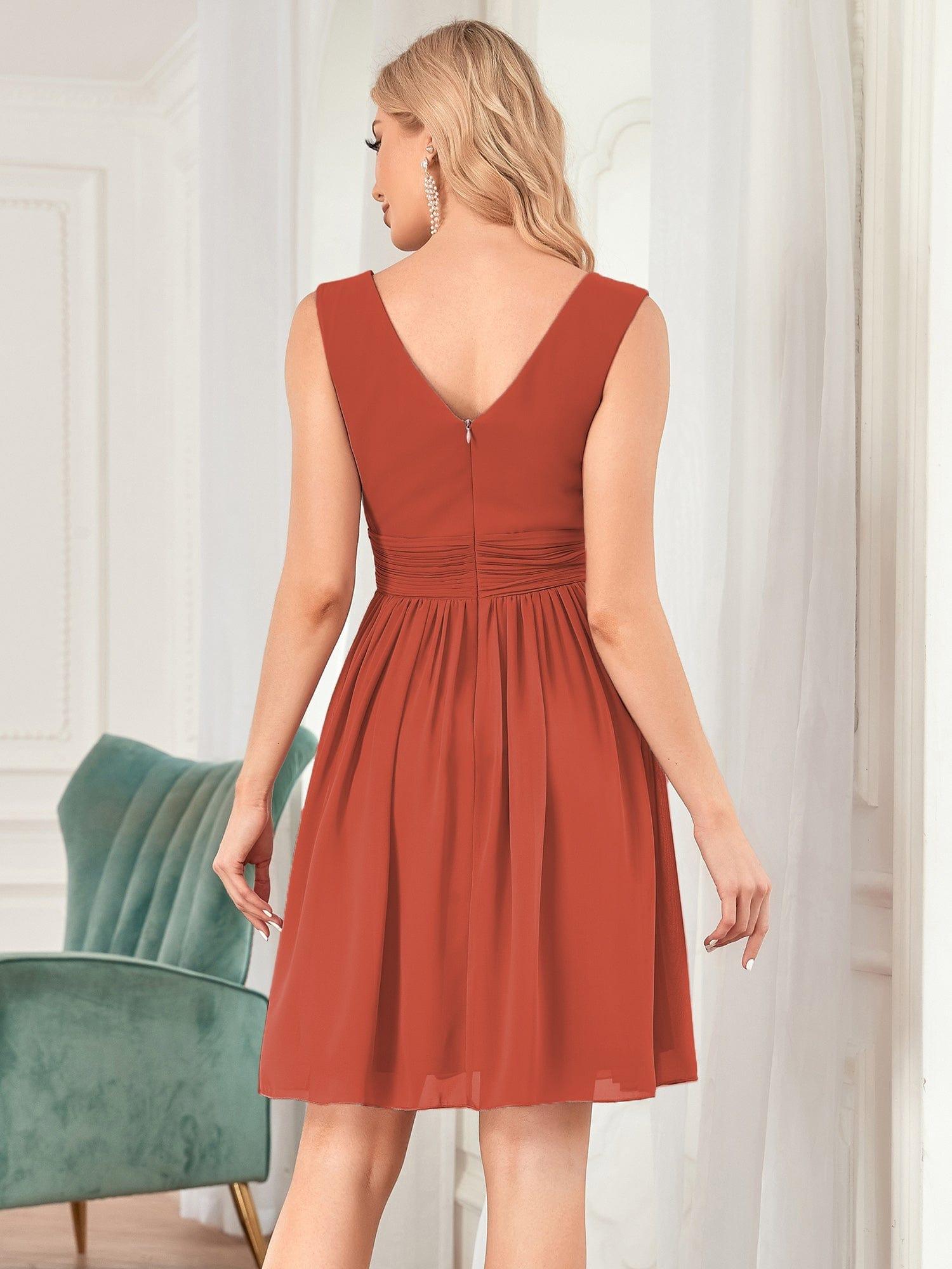 Custom Size Women Sleeveless V Neck Short Bridesmaid Dress #color_Burnt Orange