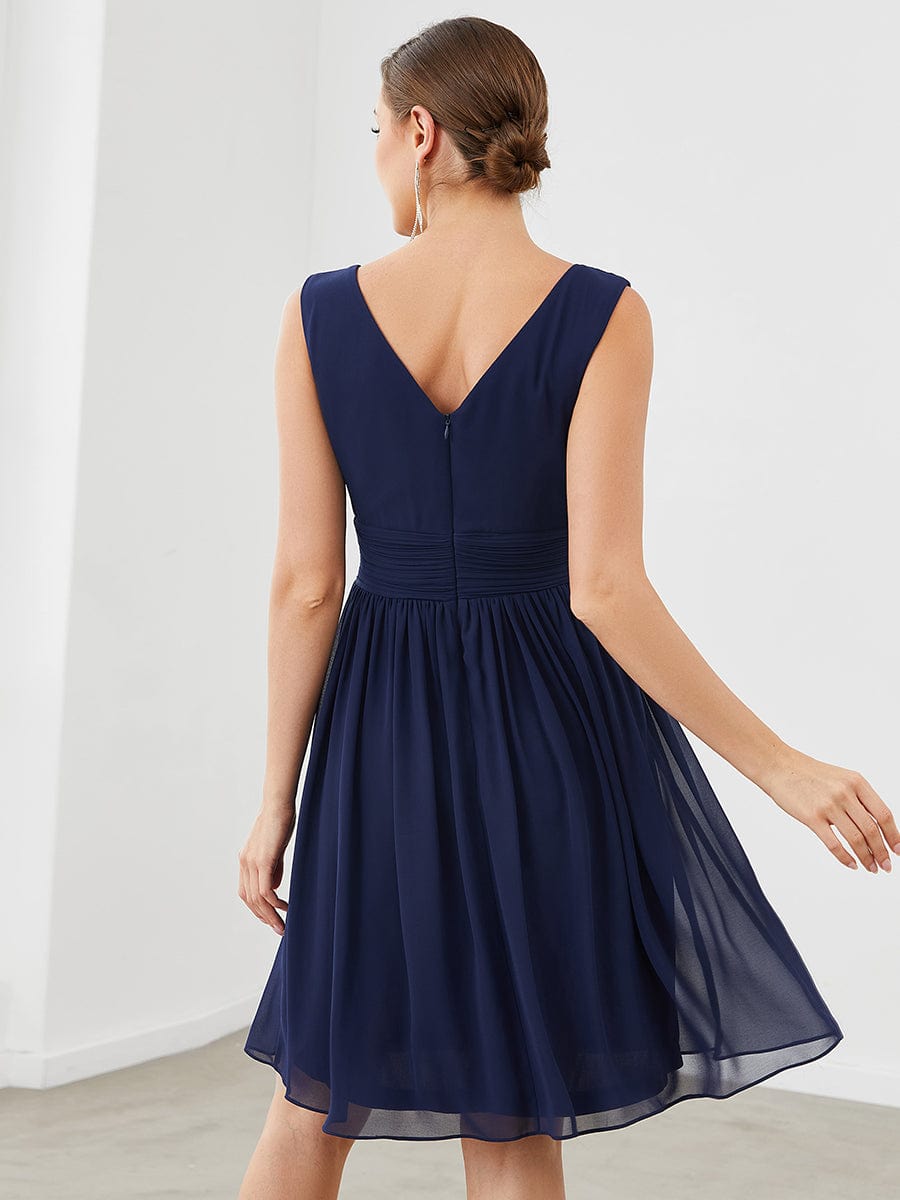 Women Sleeveless V Neck Short Bridesmaid Dress #color_Navy Blue 