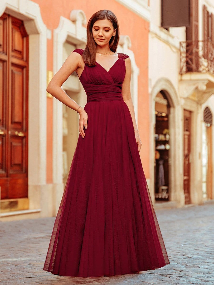 Floor Length Double V Neck Tulle Bridesmaid Dresses #color_Burgundy 