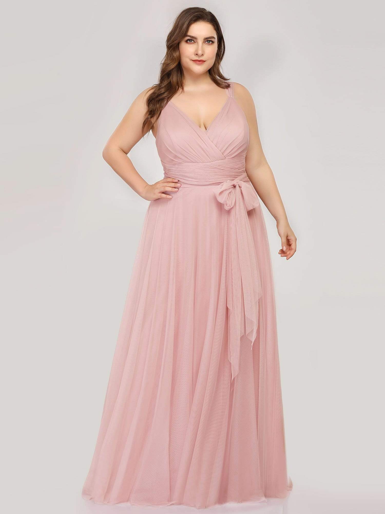 Plus Size Double V Neck Maxi Tulle Bridesmaid Dress #color_Blush 