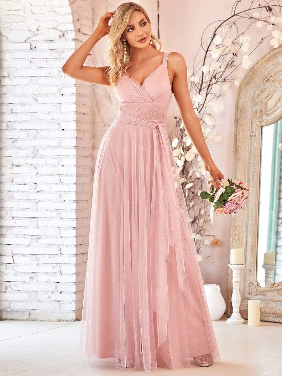 A Line Pink Tulle Bridesmaid Formal Wedding Guest Party Dress