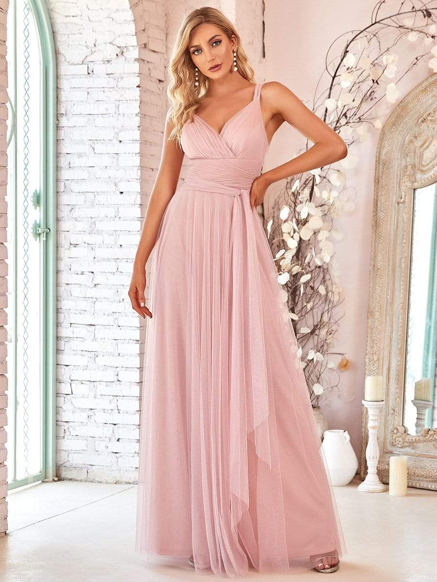 Floor Length Double V Neck Tulle Bridesmaid Dresses #color_Blush 