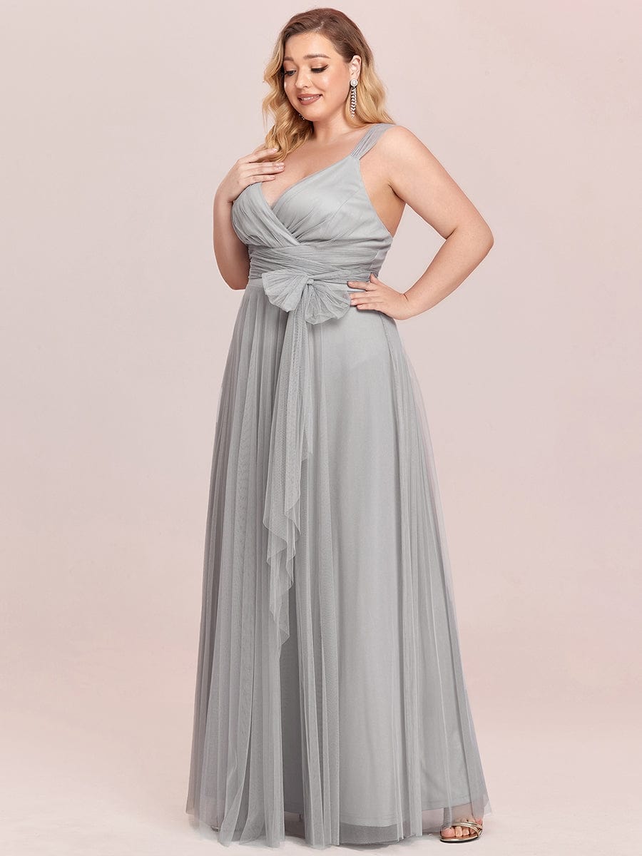 Custom Size Floor Length Double V Neck Tulle Bridesmaid Dresses #color_Grey