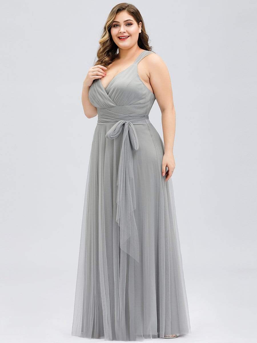 Plus Size Double V Neck Maxi Tulle Bridesmaid Dress #color_Grey 