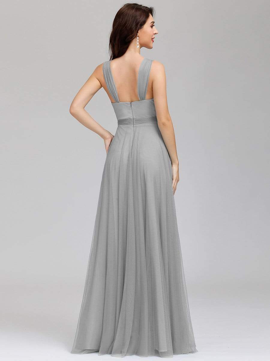 Floor Length Double V Neck Tulle Bridesmaid Dresses #color_Grey 