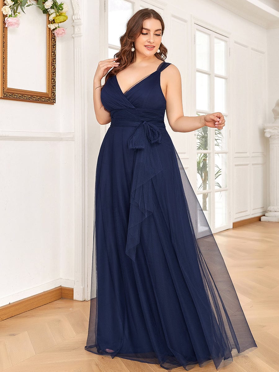 Custom Size Floor Length Double V Neck Tulle Bridesmaid Dresses #color_Navy Blue