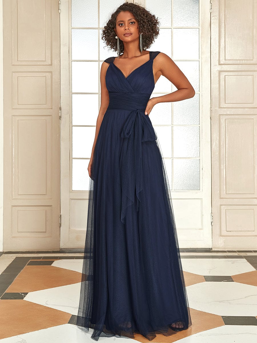 Floor Length Double V Neck Tulle Bridesmaid Dresses #color_Navy Blue 