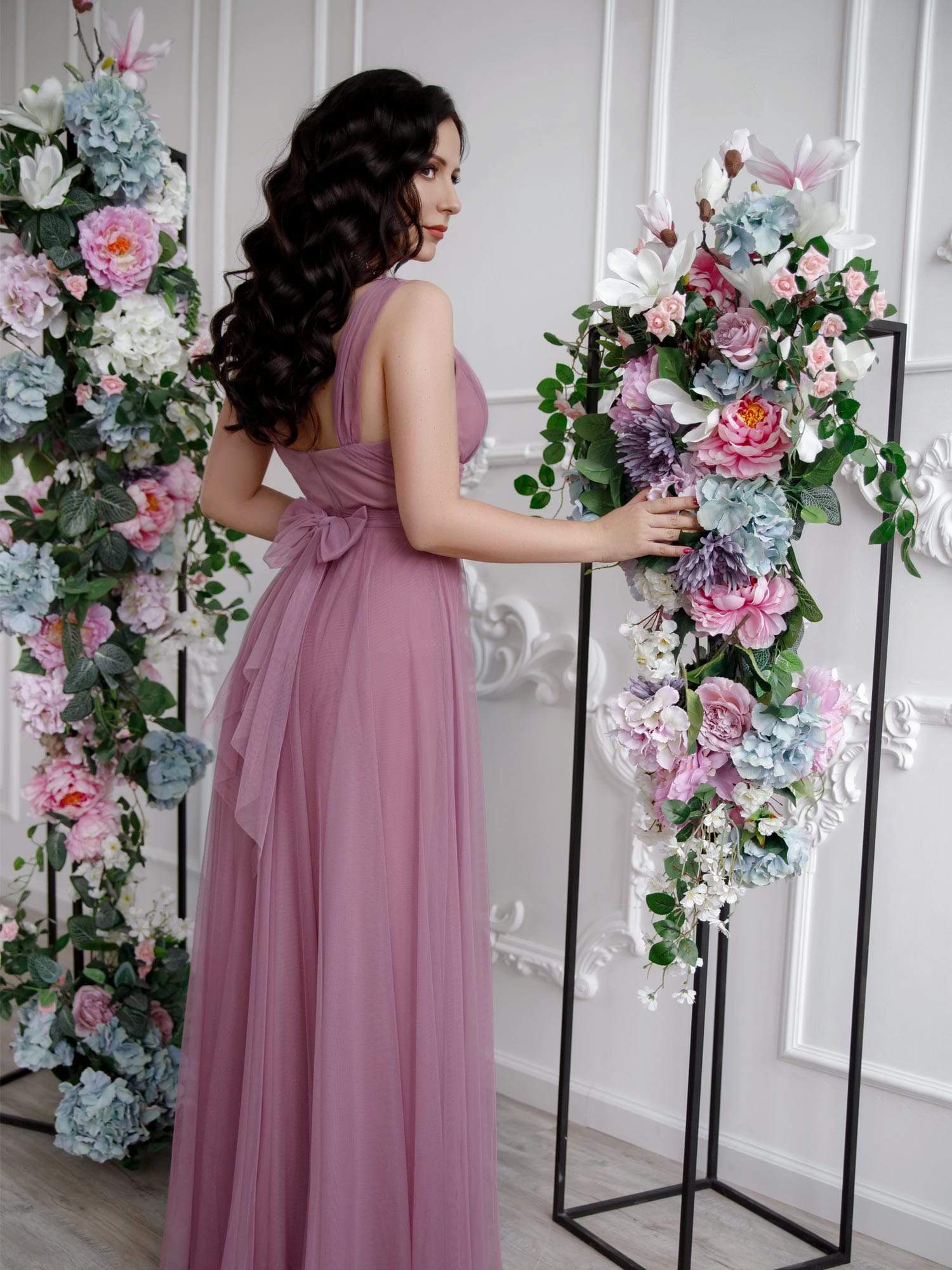 Floor Length Double V Neck Tulle Bridesmaid Dresses #color_Purple Orchid 