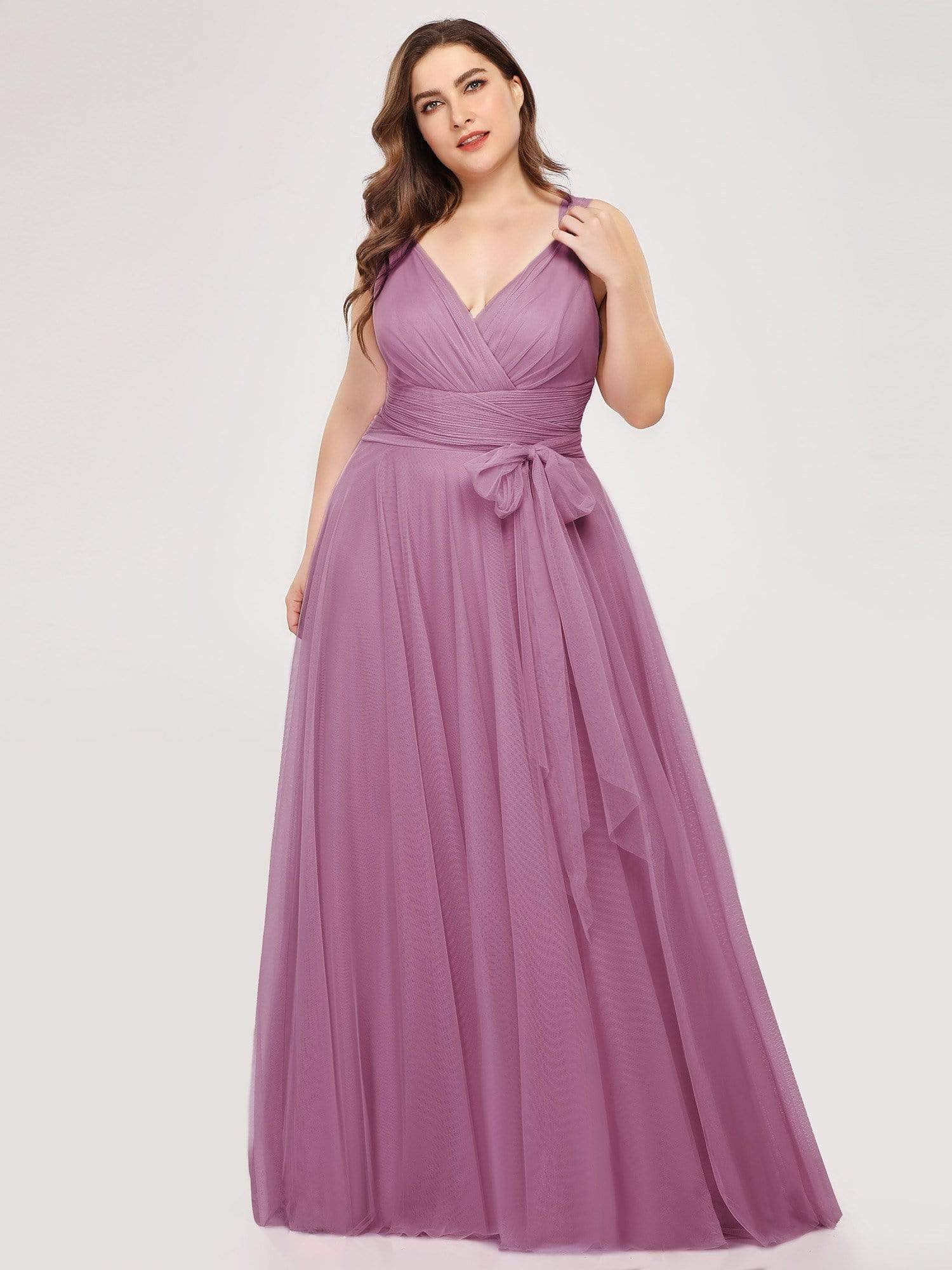 Plus Size Double V Neck Maxi Tulle Bridesmaid Dress #color_Purple Orchid 