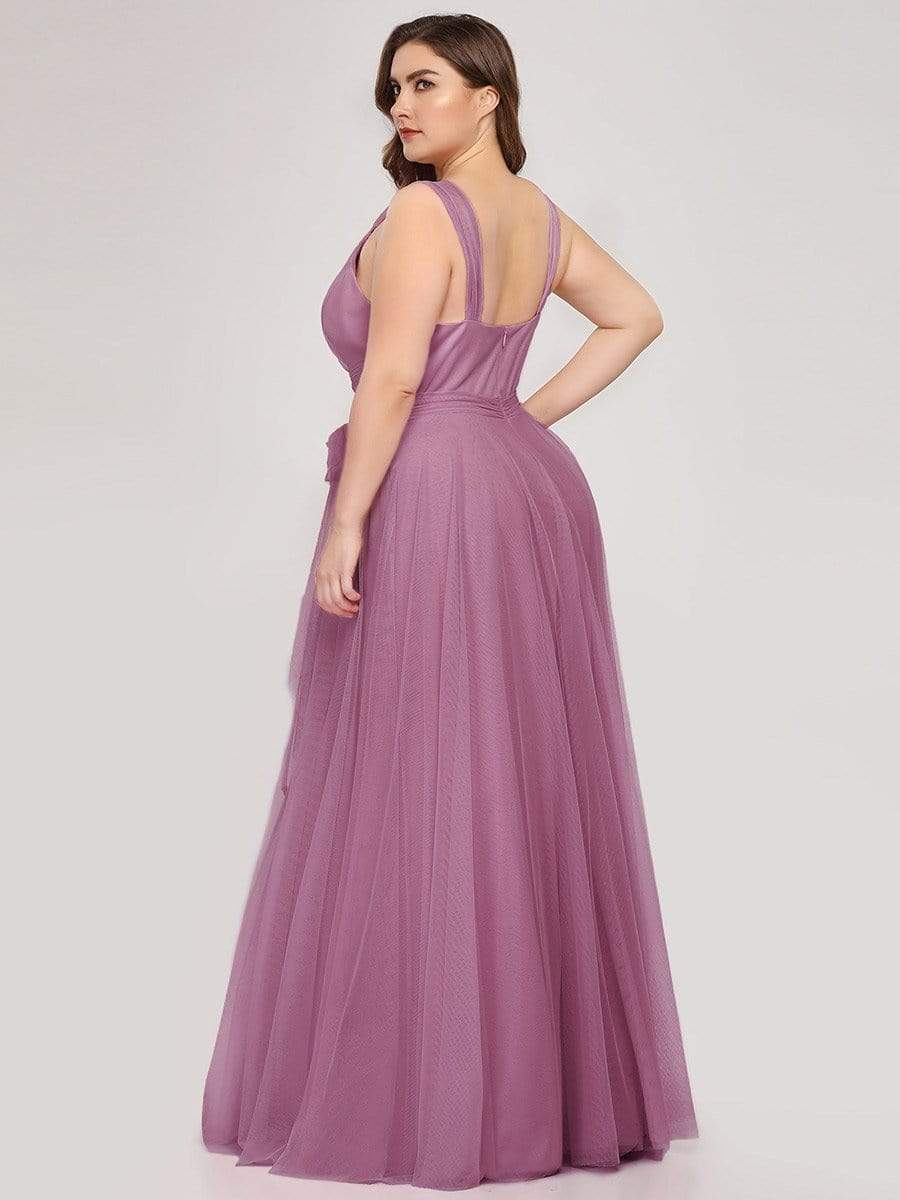 Floor Length Double V Neck Tulle Bridesmaid Dresses #color_Purple Orchid 