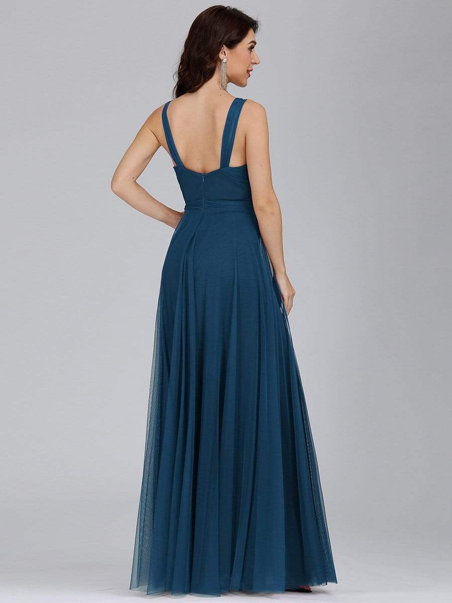 Floor Length Double V Neck Tulle Bridesmaid Dresses #color_Teal 