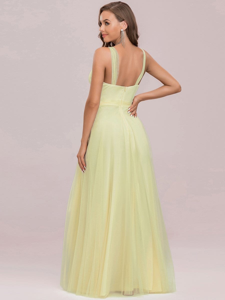 Floor Length Double V Neck Tulle Bridesmaid Dresses #color_Yellow 
