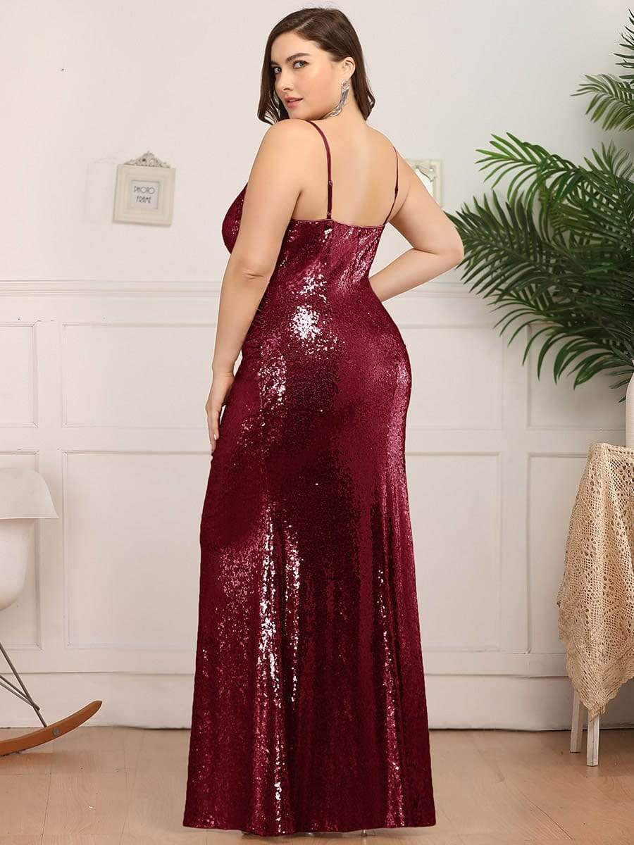 Plus Size Sparkly Sequin Long Mermaid Formal Party Dresses #color_Burgundy 