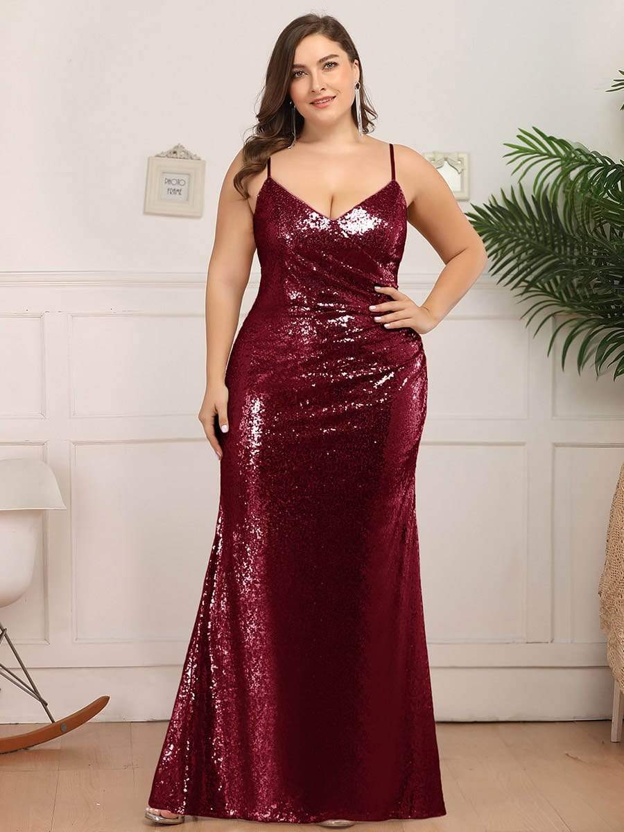 Sexy Sequin Backless Fishtail Evening Gowns for Women #color_Burgundy 