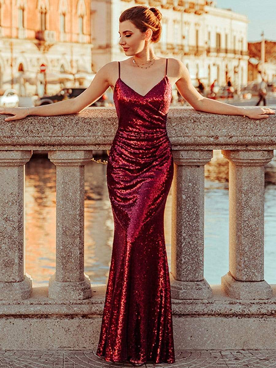 Sexy Sequin Backless Fishtail Evening Gowns for Women #color_Burgundy 