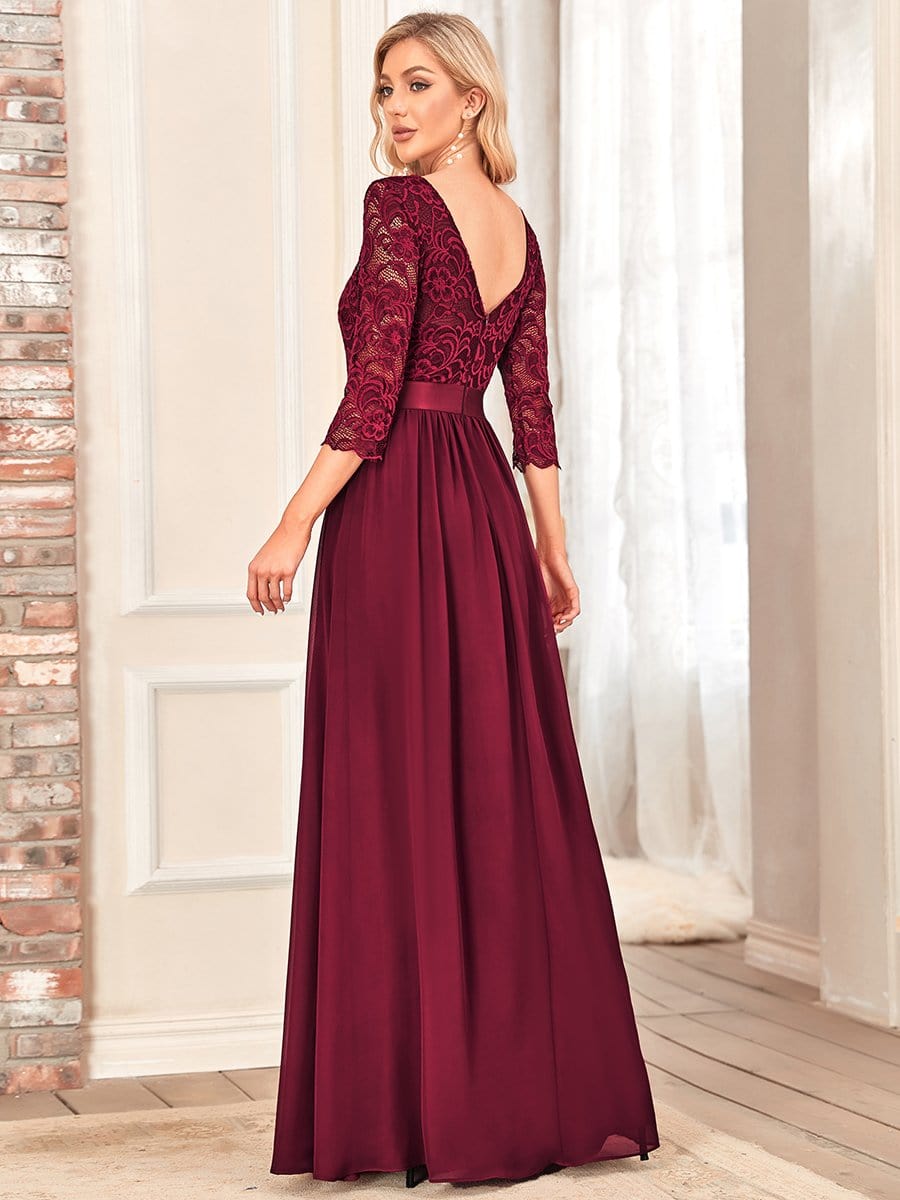 See-Through Floor Length Lace Chiffon Evening Dress with Half Sleeve #color_Burgundy