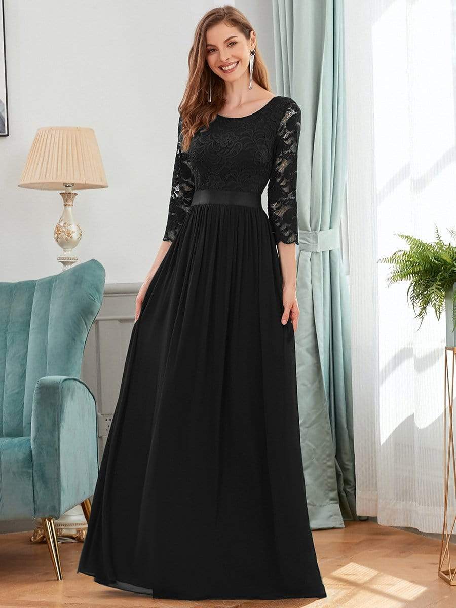 See-Through Floor Length Lace Chiffon Evening Dress with Half Sleeve #color_Black