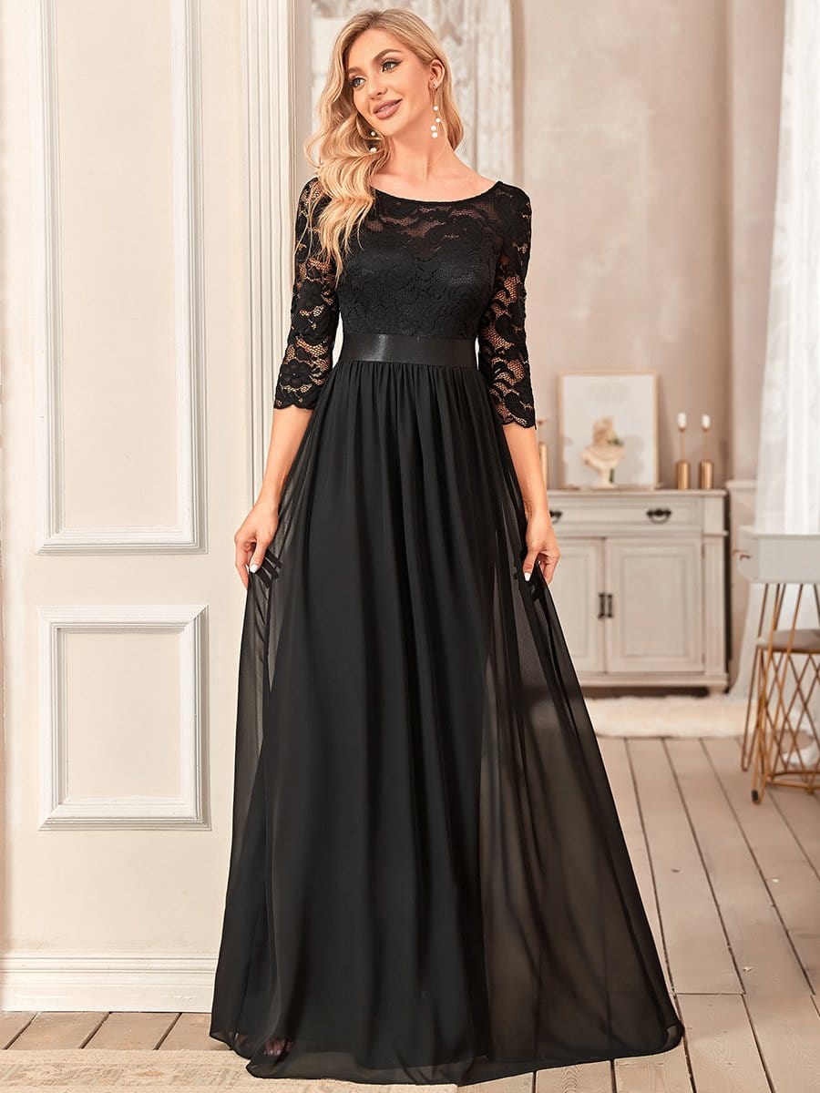 See-Through Floor Length Lace Chiffon Evening Dress with Half Sleeve #color_Black