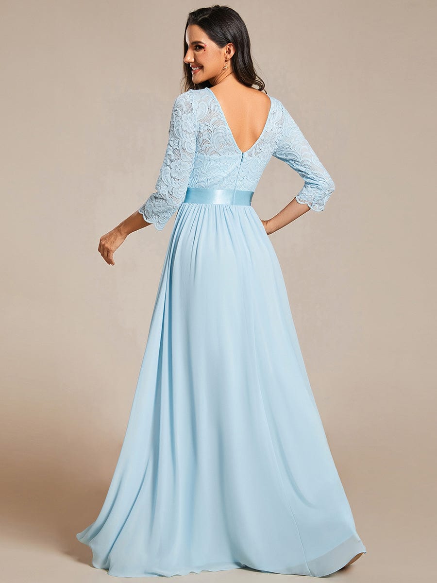 See-Through Floor Length Lace Chiffon Evening Dress with Half Sleeve #color_Sky Blue