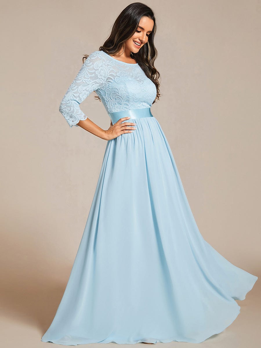 See-Through Floor Length Lace Chiffon Evening Dress with Half Sleeve #color_Sky Blue