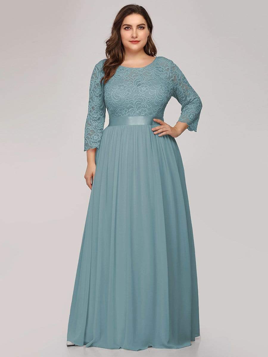 See-Through Floor Length Lace Chiffon Evening Dress with Half Sleeve #color_Dusty Blue 