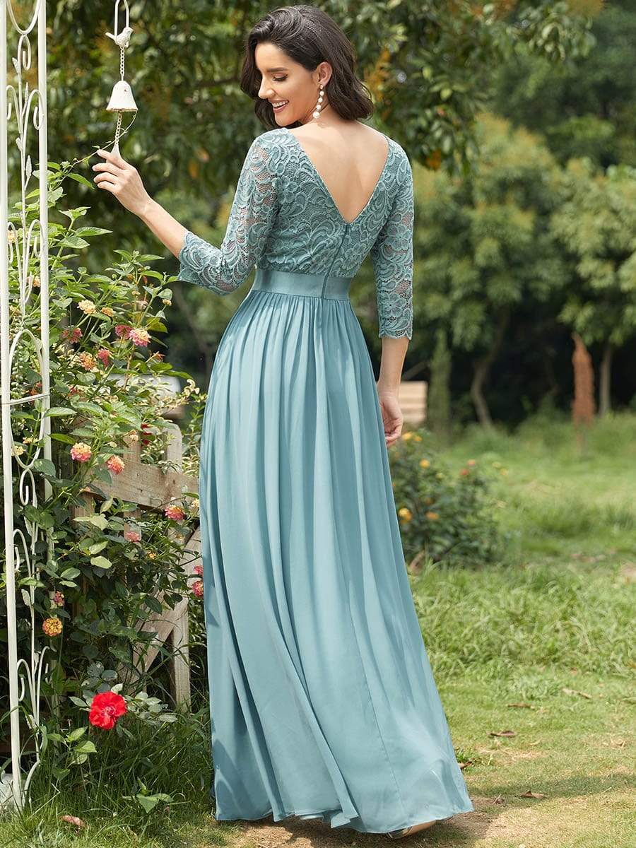 See-Through Floor Length Lace Chiffon Evening Dress with Half Sleeve #color_Dusty Blue 