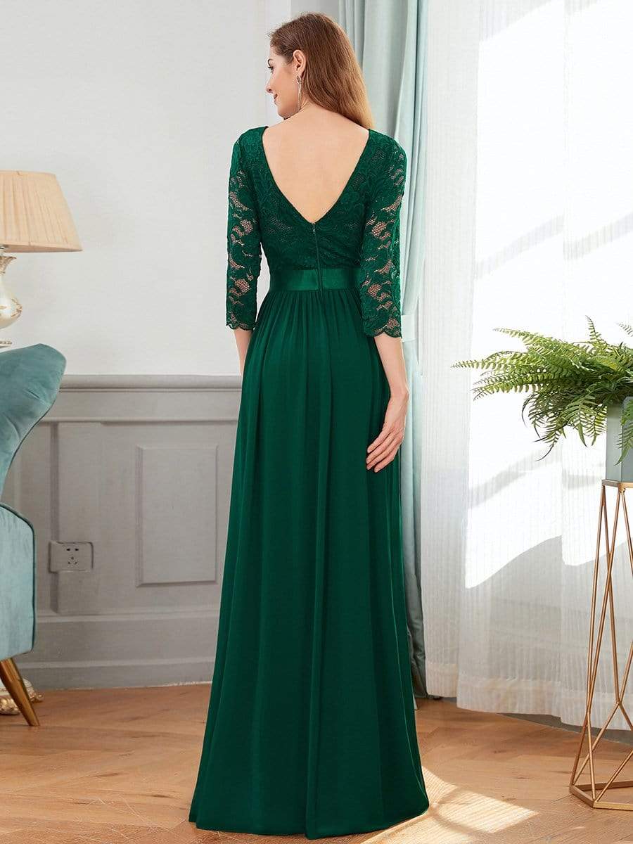 See-Through Floor Length Lace Chiffon Evening Dress with Half Sleeve #color_Dark Green 