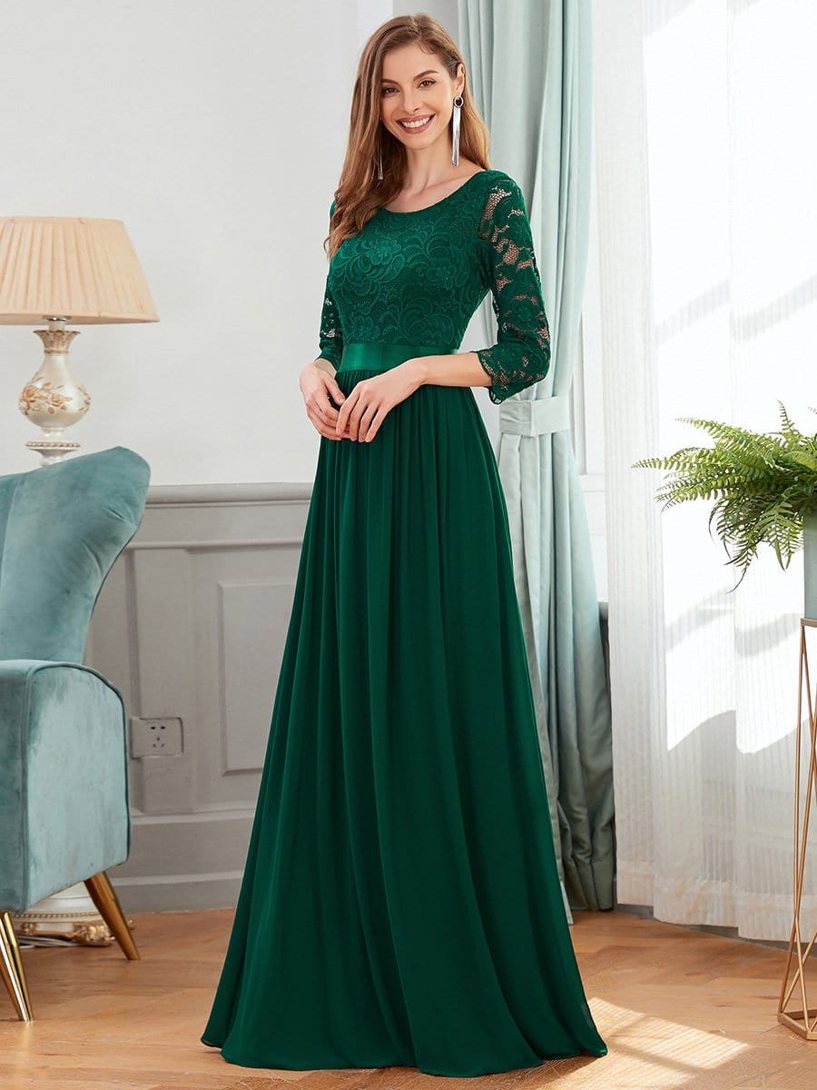 See-Through Floor Length Lace Chiffon Evening Dress with Half Sleeve #color_Dark Green 