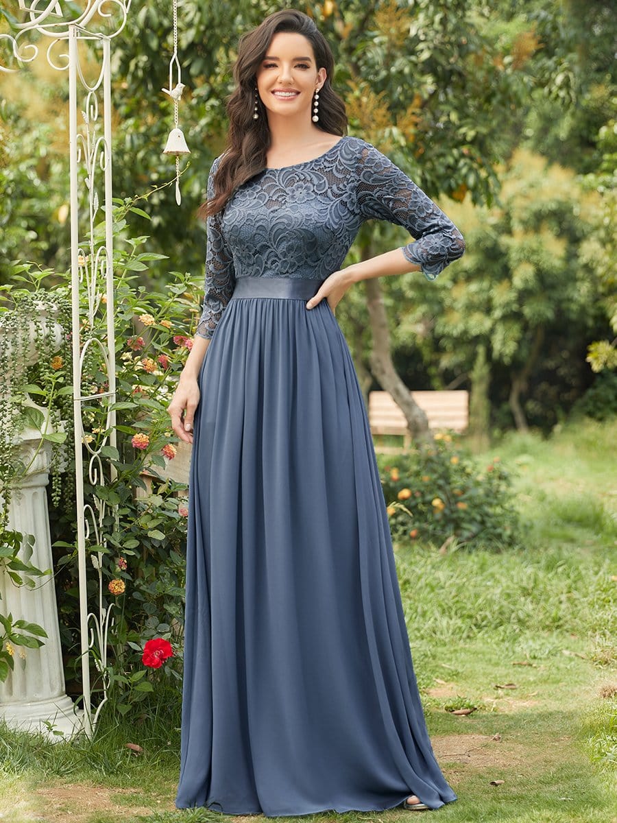See-Through Floor Length Lace Chiffon Evening Dress with Half Sleeve #color_Dusty Navy 