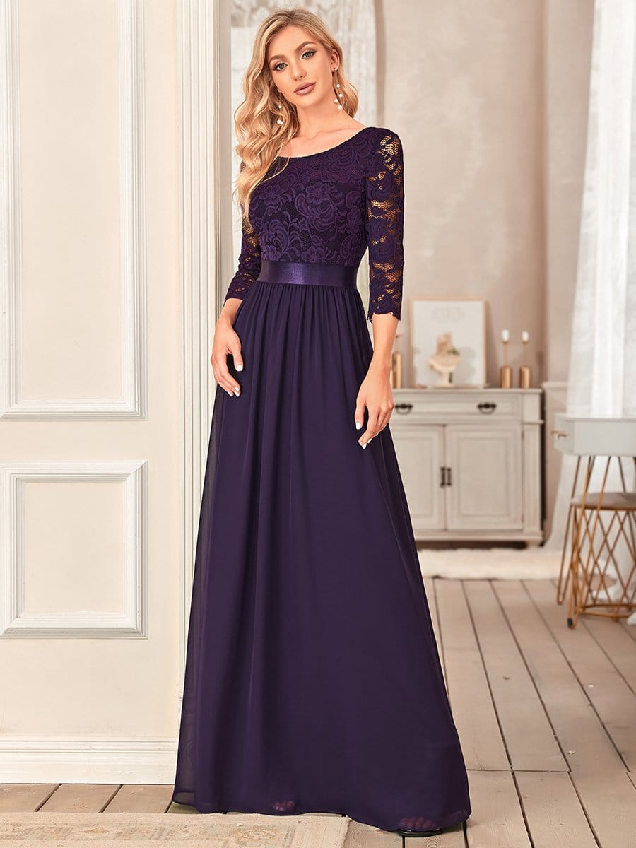 See-Through Floor Length Lace Chiffon Evening Dress with Half Sleeve #color_Dark Purple 