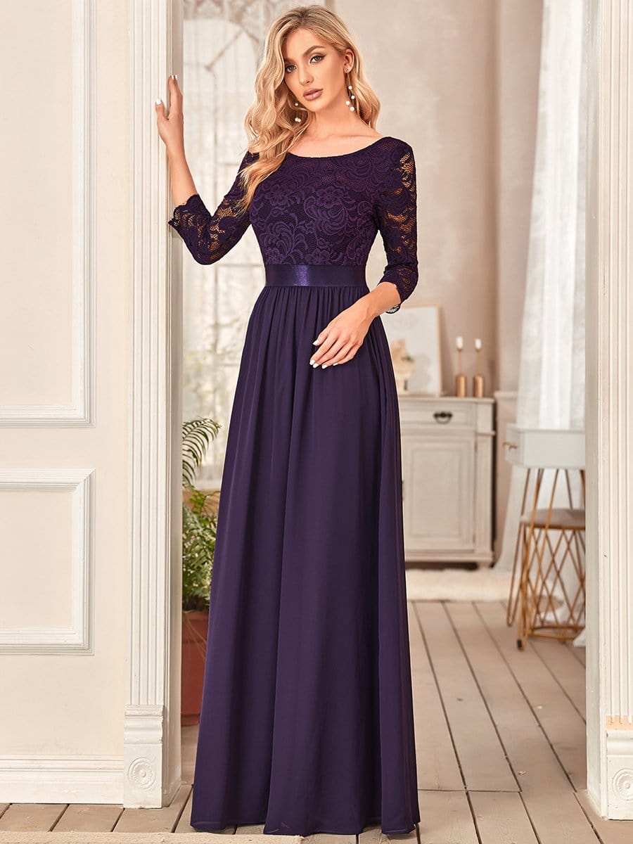 See-Through Floor Length Lace Chiffon Evening Dress with Half Sleeve #color_Dark Purple 