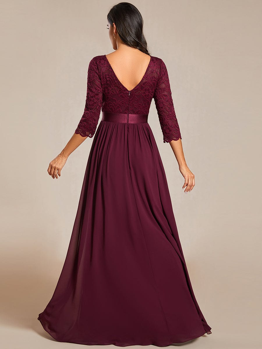 See-Through Floor Length Lace Chiffon Evening Dress with Half Sleeve #color_Mulberry