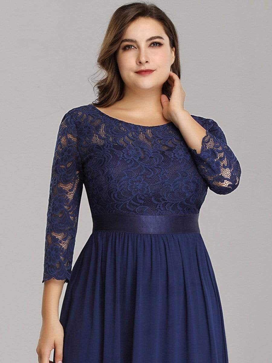 See-Through Floor Length Lace Chiffon Evening Dress with Half Sleeve #color_Navy Blue