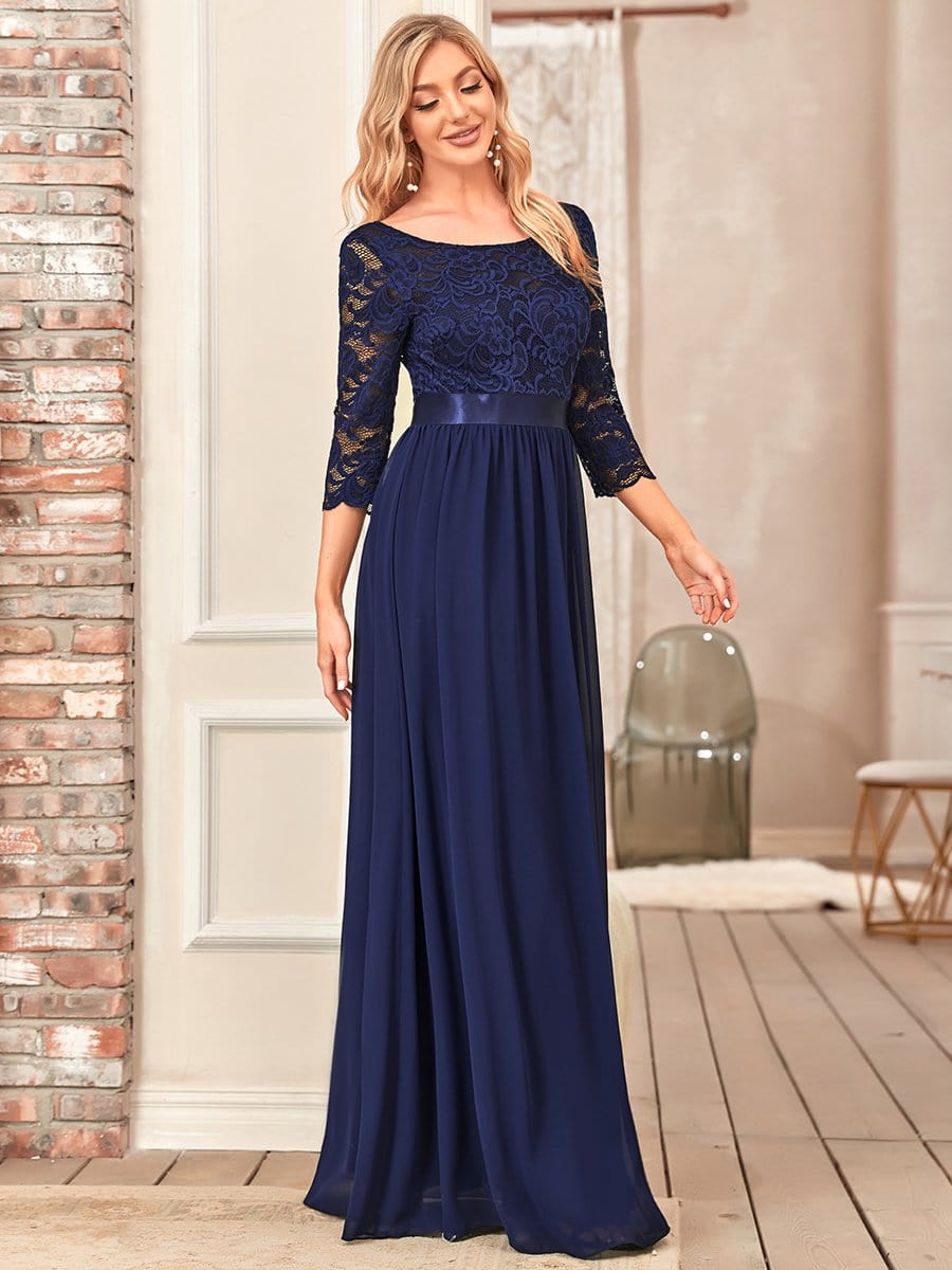 See-Through Floor Length Lace Chiffon Evening Dress with Half Sleeve #color_Navy Blue