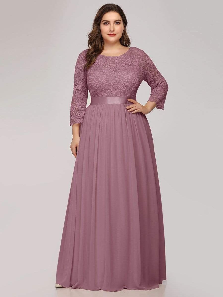 See-Through Floor Length Lace Chiffon Evening Dress with Half Sleeve #color_Purple Orchid