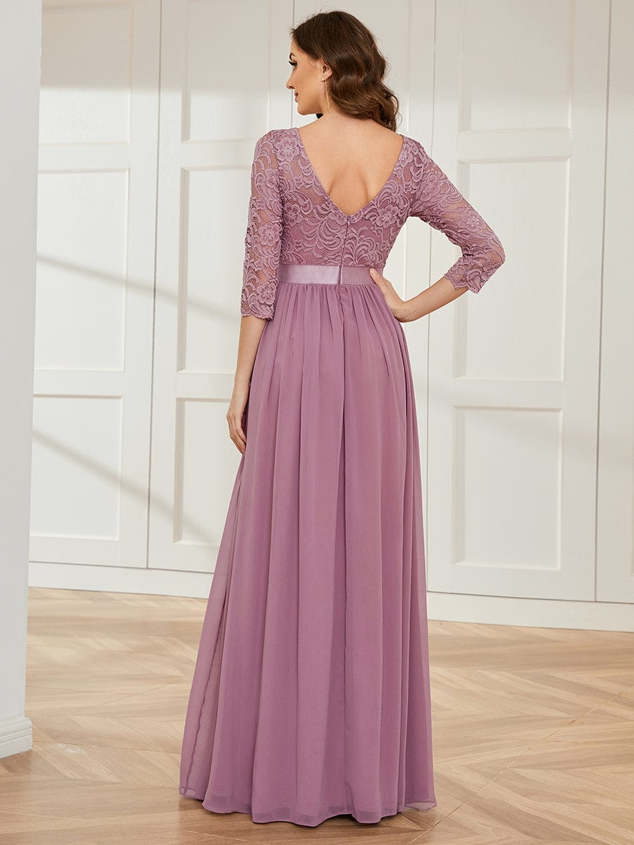 See-Through Floor Length Lace Chiffon Evening Dress with Half Sleeve #color_Purple Orchid