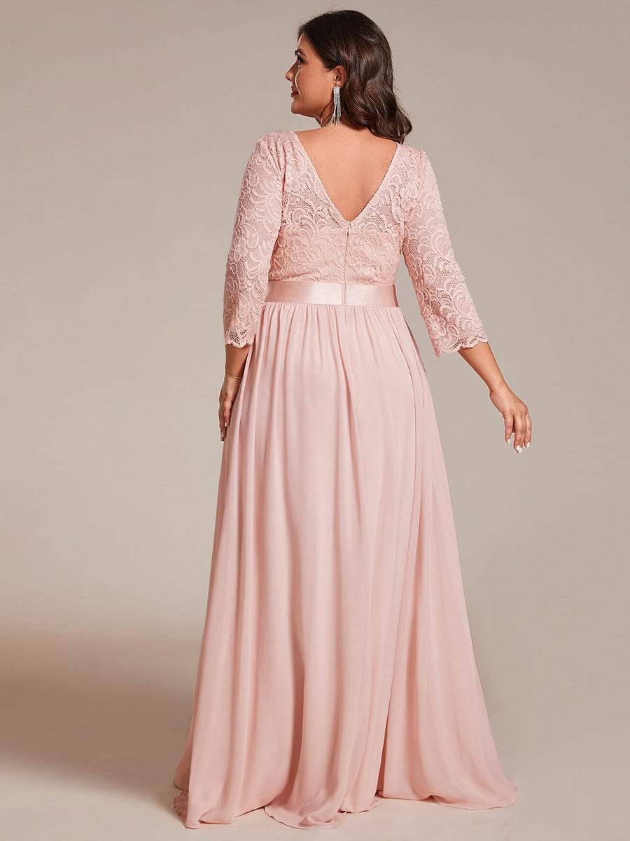 See-Through Floor Length Lace Chiffon Evening Dress with Half Sleeve #color_Pink