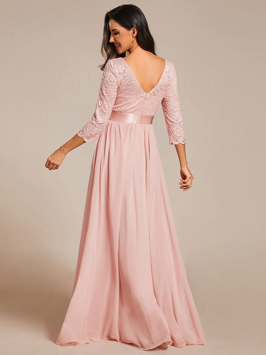 See-Through Floor Length Lace Chiffon Evening Dress with Half Sleeve #color_Pink