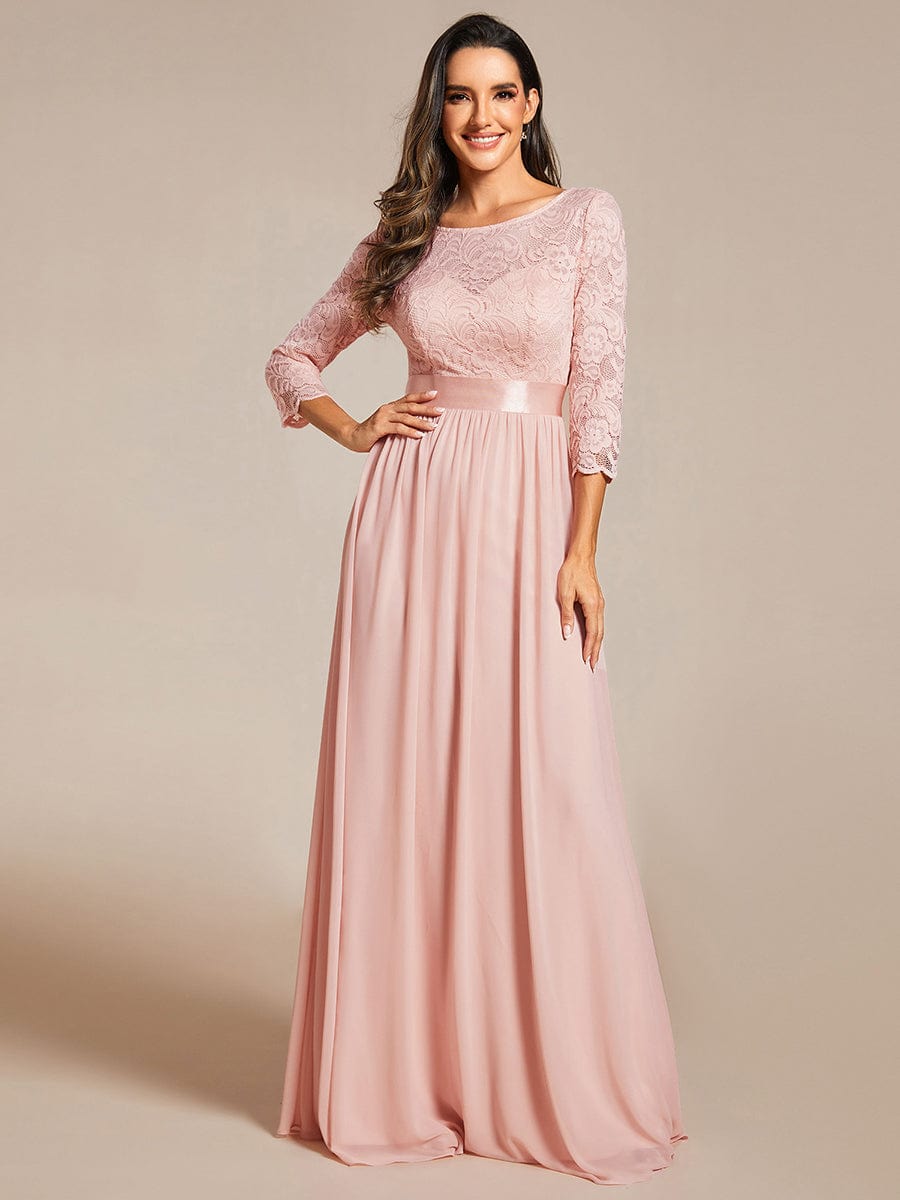 See-Through Floor Length Lace Chiffon Evening Dress with Half Sleeve #color_Pink