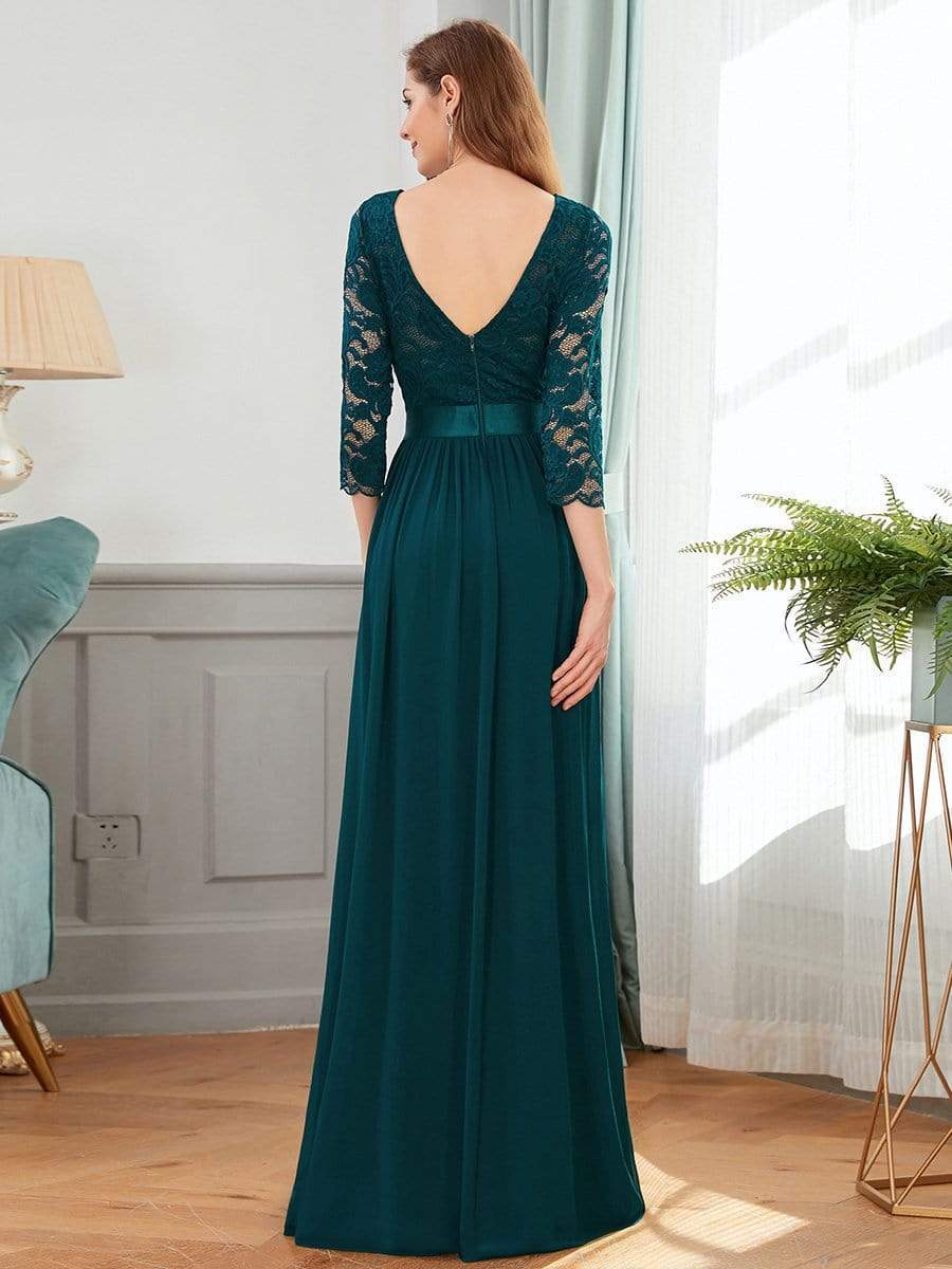 See-Through Floor Length Lace Chiffon Evening Dress with Half Sleeve #color_Teal 