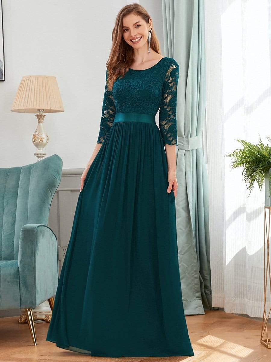 See-Through Floor Length Lace Chiffon Evening Dress with Half Sleeve #color_Teal 