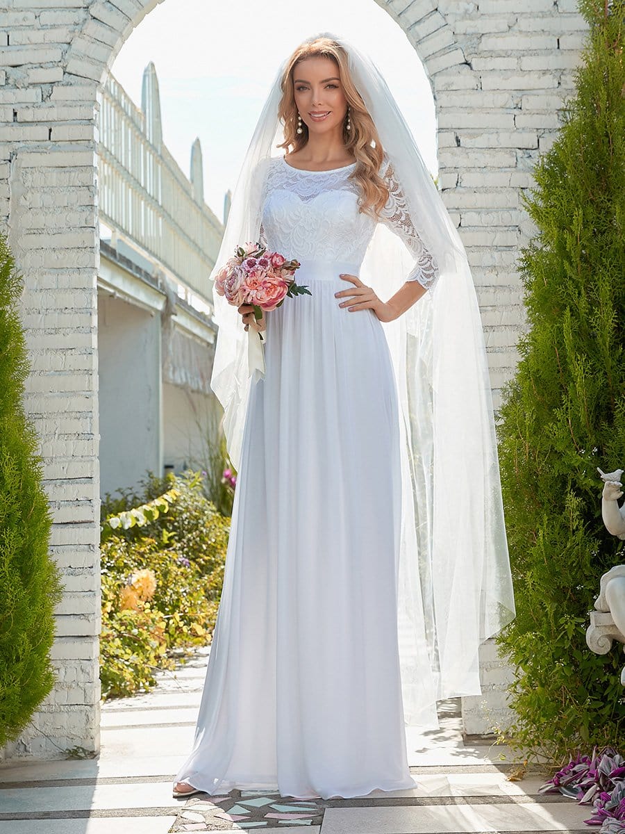 See-Through Floor Length Lace Chiffon Evening Dress with Half Sleeve #color_White 