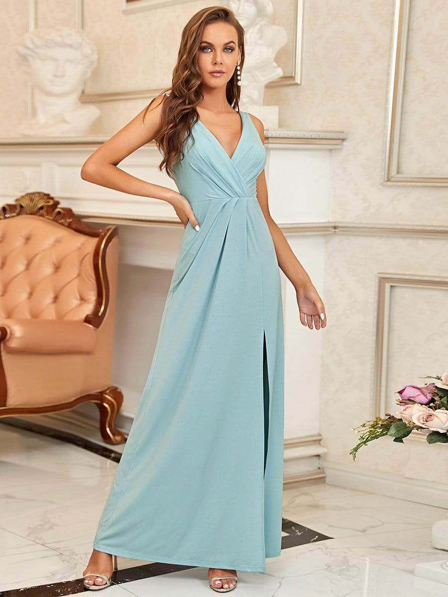 Floor Length V Neck Shiny Evening Dress with Side Split #color_Sky Blue 